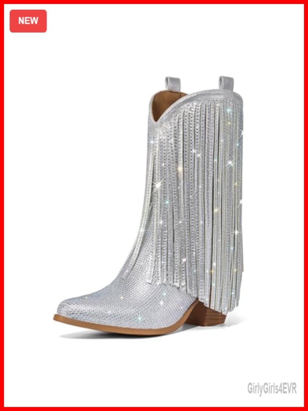 Rhinestone Fringe Cowgirl Boots Pointed Toe Chunky Heel Mid-Calf Western